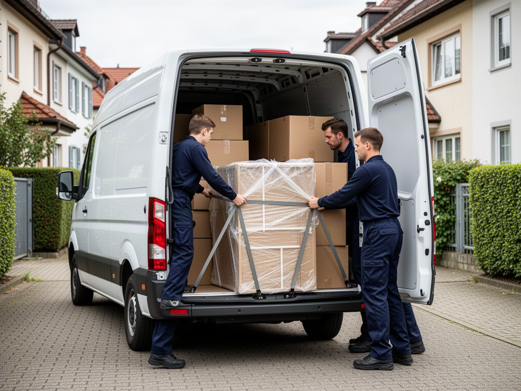 Möbel und Kartons werden in einen Transporter geladen